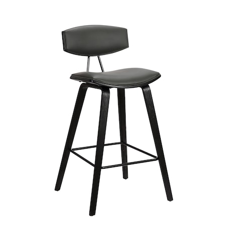 Armen Living Fox 28.5" Bar Height Gray Faux Leather and Black Wood Mid-Century Modern Bar Stool LCFOBABLGR30